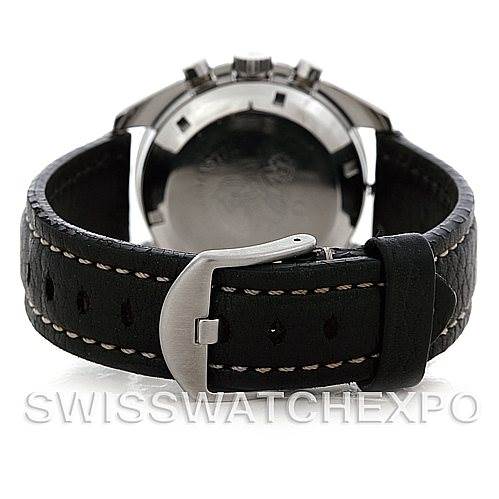 The image shows the back view of an Omega Speedmaster 105.012 Men's Stainless Steel Black Dial 105.012 Men's Stainless Steel Black Dial watch, highlighting the leather strap and buckle.