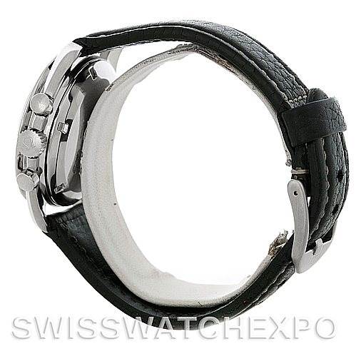 The image shows a side view of the Omega Speedmaster 105.012 Men's Stainless Steel Black Dial 105.012 Men's Stainless Steel Black Dial watch, displaying the case with pushers and the leather strap with a buckle.