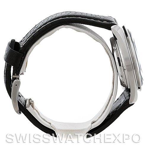 This image shows a side view of the Omega Speedmaster 105.012 Men's Stainless Steel Black Dial 105.012 Men's Stainless Steel Black Dial watch, highlighting the leather strap and the edge of the watch case.