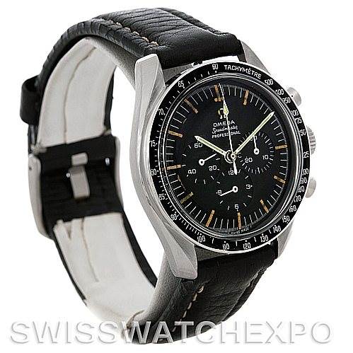 The image shows an angled view of the Omega Speedmaster 105.012 Men's Stainless Steel Black Dial 105.012 Men's Stainless Steel Black Dial watch, featuring its black dial, tachymeter bezel, and black leather strap.