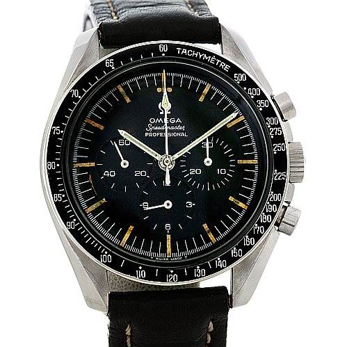 The image shows a front view of an Omega Speedmaster 105.012 Men's Stainless Steel Black Dial 105.012 Men's Stainless Steel Black Dial watch, displaying the dial, tachymeter bezel, and chronograph sub-dials.