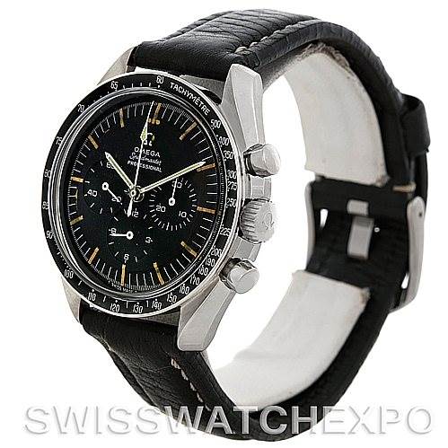 The image shows a side angle of the Omega Speedmaster 105.012 Men's Stainless Steel Black Dial 105.012 Men's Stainless Steel Black Dial watch, highlighting the black dial, chronograph buttons, and leather strap.