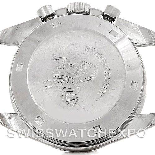 This image shows the backside of an Omega Speedmaster 145.022 Men's Stainless Steel Black Dial 145.022 Men's Stainless Steel Black Dial watch case, including the case back, pushers, and crown.