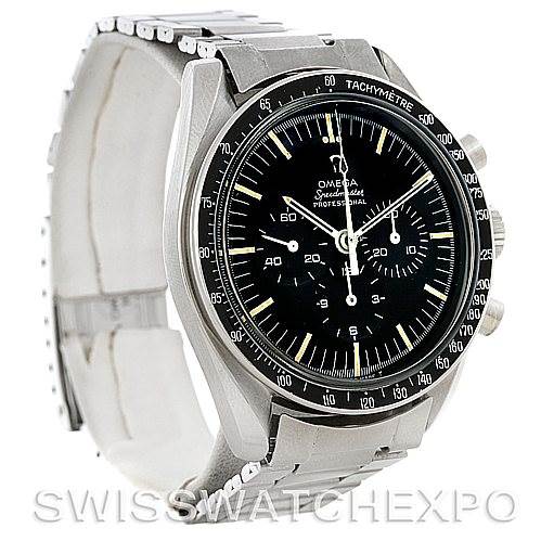 This image shows an angled side view of the Omega Speedmaster 145.022 Men's Stainless Steel Black Dial 145.022 Men's Stainless Steel Black Dial watch, highlighting the face, bezel, and stainless steel bracelet.