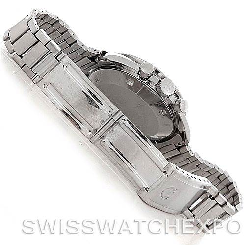 The image shows the back and clasp of an Omega Speedmaster 145.022 Men's Stainless Steel Black Dial 145.022 Men's Stainless Steel Black Dial watch at an angle revealing the metallic bracelet and part of the case back.