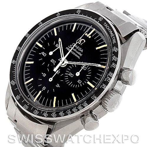 The image shows an Omega Speedmaster 145.022 Men's Stainless Steel Black Dial 145.022 Men's Stainless Steel Black Dial watch at an angle highlighting the dial, bezel, crown, and chronograph pushers.