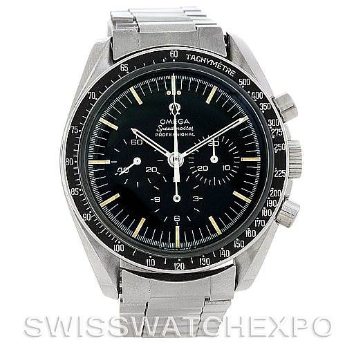 The image displays an Omega Speedmaster 145.022 Men's Stainless Steel Black Dial 145.022 Men's Stainless Steel Black Dial watch from a front angle, showcasing the dial, bezel, and stainless steel bracelet.