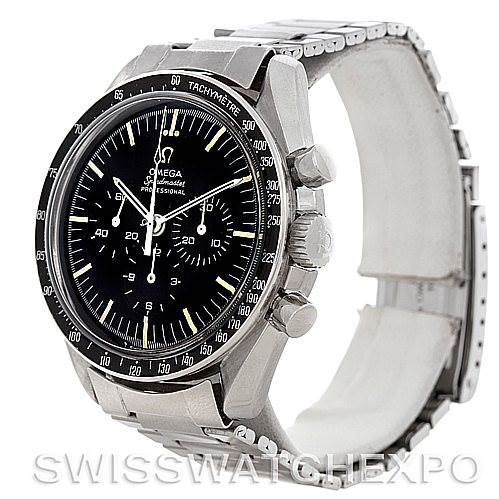 The image shows an Omega Speedmaster 145.022 Men's Stainless Steel Black Dial 145.022 Men's Stainless Steel Black Dial watch from a front-left angle, featuring its bezel, dial, and bracelet.
