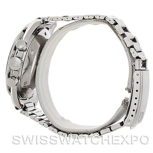 This image shows a side view of an Omega Speedmaster 145.022 Men's Stainless Steel Black Dial 145.022 Men's Stainless Steel Black Dial watch, highlighting its buttons, crown, and metal bracelet.