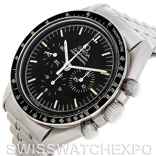 The image shows an Omega Speedmaster 3570.50.00 Men
s Stainless Steel Black Dial 3570.50.00 Men
s Stainless Steel Black Dial watch at a three-quarter angle, including the dial, bezel, crown, pushers, and bracelet.