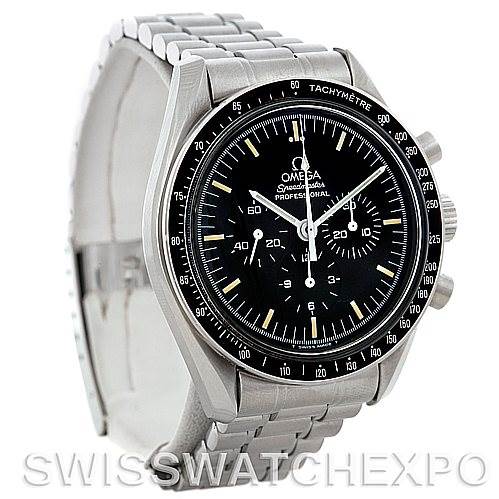 The image shows a front-angle view of the Omega Speedmaster 3570.50.00 Men
s Stainless Steel Black Dial 3570.50.00 Men
s Stainless Steel Black Dial, highlighting the dial, bezel, and metal bracelet.