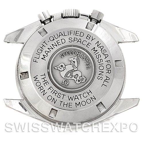 The image shows the back case of an Omega Speedmaster 3570.50.00 Men
s Stainless Steel Black Dial 3570.50.00 Men
s Stainless Steel Black Dial, featuring engraved text and logos.