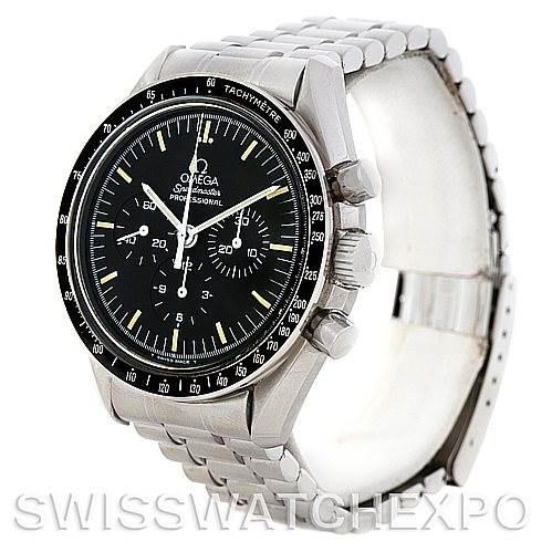 The image displays an angled front view of an Omega Speedmaster 3570.50.00 Men
s Stainless Steel Black Dial 3570.50.00 Men
s Stainless Steel Black Dial watch, highlighting the dial, bezel, and metal bracelet.