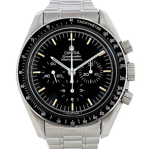 The watch is an Omega Speedmaster 3570.50.00 Men
s Stainless Steel Black Dial 3570.50.00 Men
s Stainless Steel Black Dial model shown from a front angle, displaying the dial, bezel, hands, and chronograph pushers.