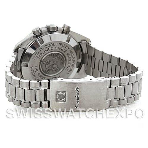 The image shows the back view of the Omega Speedmaster 3570.50.00 Men
s Stainless Steel Black Dial 3570.50.00 Men
s Stainless Steel Black Dial watch, highlighting its case back and metal bracelet.