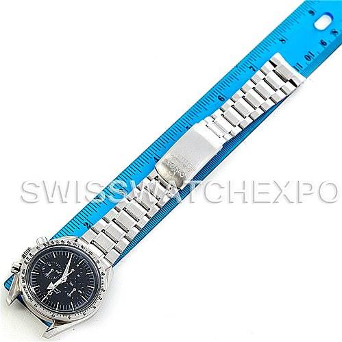 The image shows an Omega Speedmaster 3594.50.00 Men's Stainless Steel Black Dial 3594.50.00 Men's Stainless Steel Black Dial watch laid flat next to a blue ruler, displaying the watch face and metal bracelet.