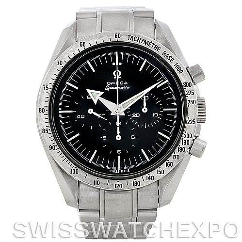 The image shows a front view of an Omega Speedmaster 3594.50.00 Men's Stainless Steel Black Dial 3594.50.00 Men's Stainless Steel Black Dial watch, highlighting its dial, tachymeter, and bracelet.