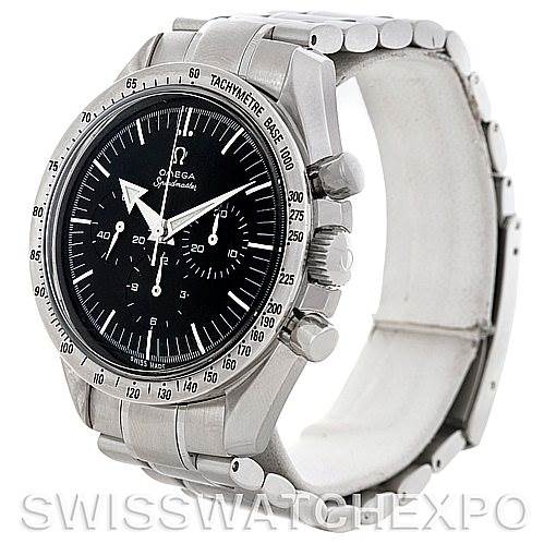 The image shows a side view of the Omega Speedmaster 3594.50.00 Men's Stainless Steel Black Dial 3594.50.00 Men's Stainless Steel Black Dial watch, highlighting its dial, bezel, and bracelet.