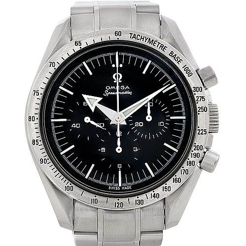 The image shows a front view of the Omega Speedmaster 3594.50.00 Men's Stainless Steel Black Dial 3594.50.00 Men's Stainless Steel Black Dial watch, highlighting its black dial, silver case, tachymeter bezel, and stainless steel bracelet.
