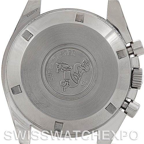 This image shows the back case of an Omega Speedmaster 3594.50.00 Men's Stainless Steel Black Dial 3594.50.00 Men's Stainless Steel Black Dial watch, highlighting its engraved emblem and text.