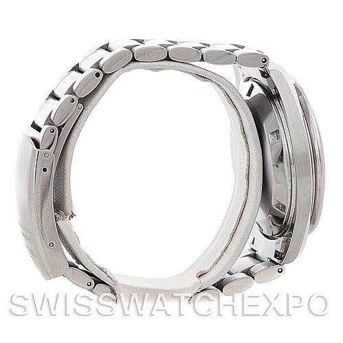 The image shows a side view of an Omega Speedmaster 3594.50.00 Men's Stainless Steel Black Dial 3594.50.00 Men's Stainless Steel Black Dial watch focusing on its stainless steel bracelet and case.