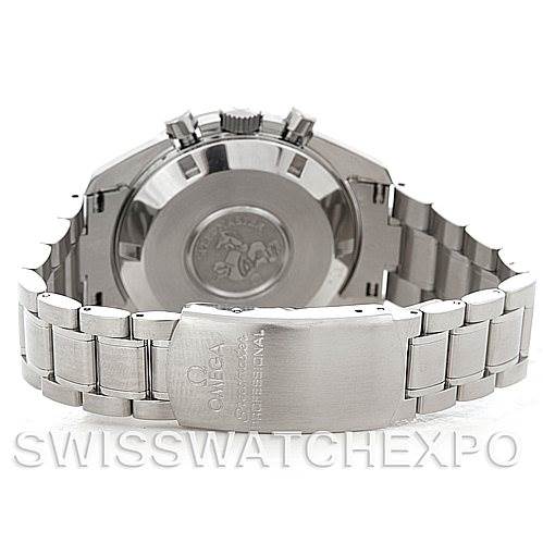 The image shows the back view of an Omega Speedmaster 3594.50.00 Men's Stainless Steel Black Dial 3594.50.00 Men's Stainless Steel Black Dial watch, highlighting the case back and stainless steel bracelet.