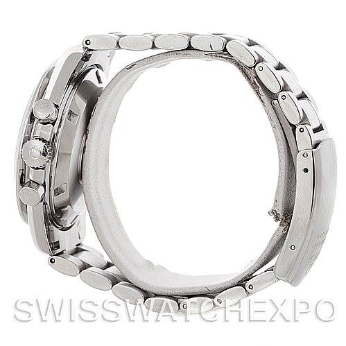 This image shows a side view of the Omega Speedmaster 3594.50.00 Men's Stainless Steel Black Dial 3594.50.00 Men's Stainless Steel Black Dial watch, highlighting its bracelet, casing, and side buttons.