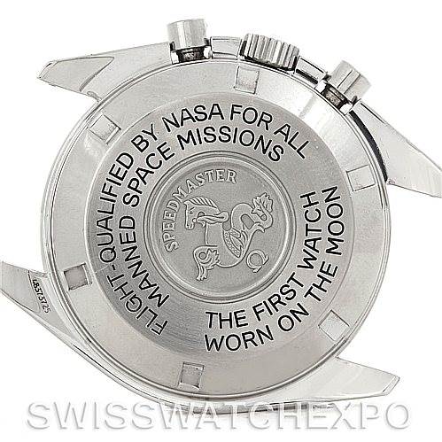 The image shows the case back of an Omega Speedmaster 3570.50.00 Men
s Stainless Steel Black Dial 3570.50.00 Men
s Stainless Steel Black Dial, featuring engraved NASA and moon landing inscriptions.