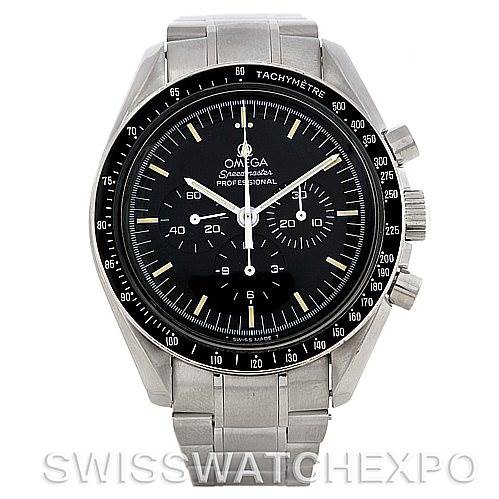The Omega Speedmaster 3570.50.00 Men
s Stainless Steel Black Dial 3570.50.00 Men
s Stainless Steel Black Dial watch is shown from the front, displaying the face, bezel, and stainless steel bracelet.