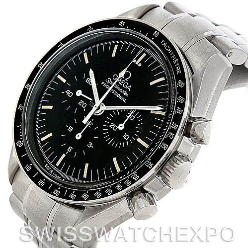 The image shows a side angle of the Omega Speedmaster 3570.50.00 Men
s Stainless Steel Black Dial 3570.50.00 Men
s Stainless Steel Black Dial model, highlighting the watch face, bezel, crown, and part of the bracelet.