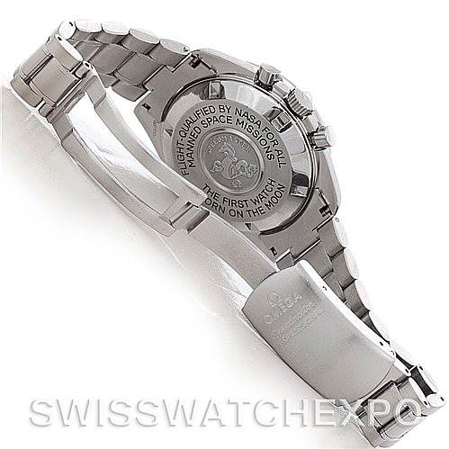 The image shows the back and partially open clasp of an Omega Speedmaster 3570.50.00 Men
s Stainless Steel Black Dial 3570.50.00 Men
s Stainless Steel Black Dial watch.