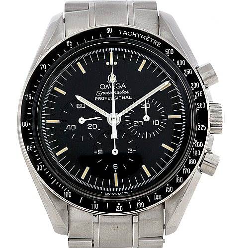 The image shows a front view of an Omega Speedmaster 3570.50.00 Men
s Stainless Steel Black Dial 3570.50.00 Men
s Stainless Steel Black Dial watch, highlighting its black dial, chronograph subdials, and stainless steel bracelet.