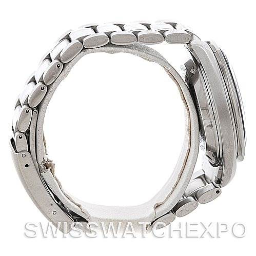 The image shows a side view of an Omega Speedmaster 3570.50.00 Men
s Stainless Steel Black Dial 3570.50.00 Men
s Stainless Steel Black Dial watch, highlighting the metal bracelet, side profile of the case, and pushers.