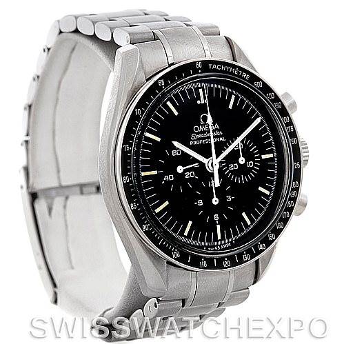 The Omega Speedmaster 3570.50.00 Men
s Stainless Steel Black Dial 3570.50.00 Men
s Stainless Steel Black Dial watch is shown in a three-quarter view, highlighting its dial, case, and metal bracelet.