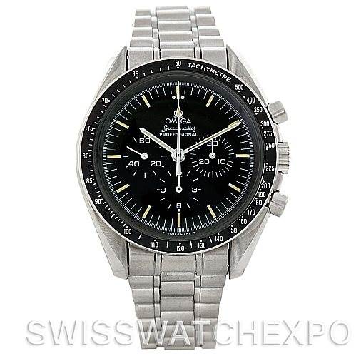 The Omega Speedmaster 3570.50.00 Men's Stainless Steel Black Dial 3570.50.00 Men's Stainless Steel Black Dial watch is shown from a front angle, displaying its black dial, tachymeter bezel, and metal bracelet.
