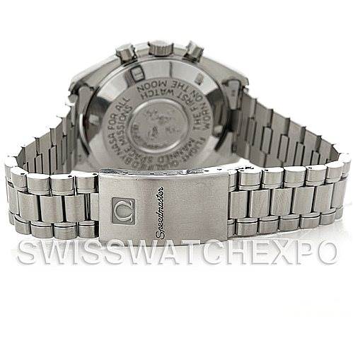 The image shows the back view of an Omega Speedmaster 3570.50.00 Men's Stainless Steel Black Dial 3570.50.00 Men's Stainless Steel Black Dial watch, focusing on the case back and the metal bracelet with its clasp.