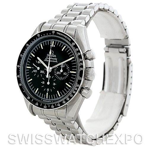 The image shows an Omega Speedmaster 3570.50.00 Men's Stainless Steel Black Dial 3570.50.00 Men's Stainless Steel Black Dial watch at a 3/4 angle, highlighting the face, bezel, and metal bracelet.