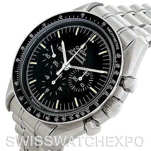 The image shows an Omega Speedmaster 3570.50.00 Men's Stainless Steel Black Dial 3570.50.00 Men's Stainless Steel Black Dial watch at an angled view, displaying the dial, tachymeter bezel, pushers, and stainless steel bracelet.