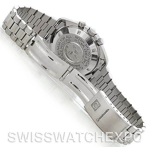 This image shows the back case and bracelet of an Omega Speedmaster 3570.50.00 Men's Stainless Steel Black Dial 3570.50.00 Men's Stainless Steel Black Dial watch from a tilted overhead angle.