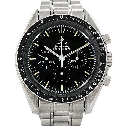 This image shows the front view of the Omega Speedmaster 3570.50.00 Men's Stainless Steel Black Dial 3570.50.00 Men's Stainless Steel Black Dial watch, highlighting its dial, tachymeter bezel, and stainless steel band.