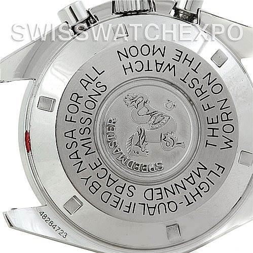 The image shows the back case of the Omega Speedmaster 3570.50.00 Men's Stainless Steel Black Dial 3570.50.00 Men's Stainless Steel Black Dial watch, highlighting engraved text and logos.