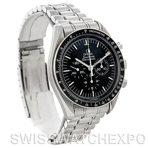 The image shows the Omega Speedmaster 3570.50.00 Men's Stainless Steel Black Dial 3570.50.00 Men's Stainless Steel Black Dial watch at a slight left side angle, focusing on the dial, bezel, and stainless steel bracelet.