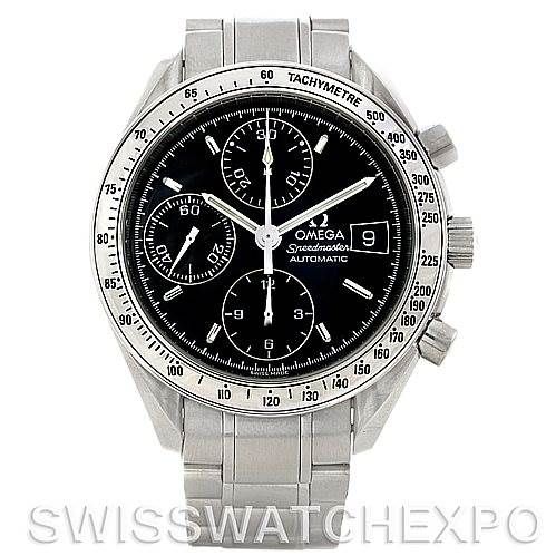 The image shows a frontal view of the Omega Speedmaster 3513.50.00 Men's Stainless Steel Black Dial 3513.50.00 Men's Stainless Steel Black Dial watch, featuring its chronograph dials, tachymeter bezel, and metal bracelet.