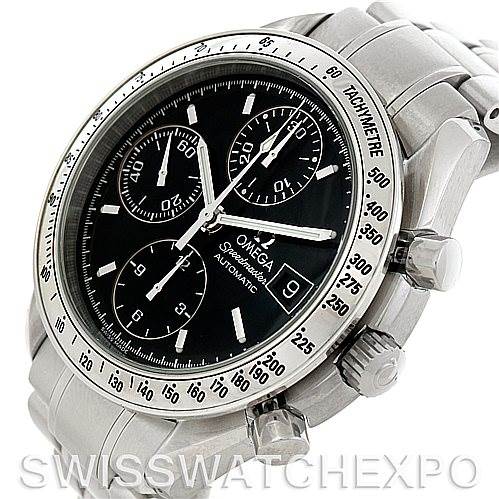 This image shows an Omega Speedmaster 3513.50.00 Men's Stainless Steel Black Dial 3513.50.00 Men's Stainless Steel Black Dial watch at a slight angle revealing its face, bezel, crown, and pushers.