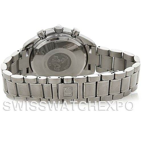 The image shows the back of an Omega Speedmaster 3513.50.00 Men's Stainless Steel Black Dial 3513.50.00 Men's Stainless Steel Black Dial watch, highlighting the case back and steel bracelet with the clasp.