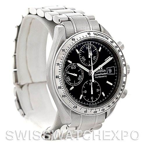 The image shows an Omega Speedmaster 3513.50.00 Men's Stainless Steel Black Dial 3513.50.00 Men's Stainless Steel Black Dial watch from a front angle, highlighting its bezel, dial, and bracelet.