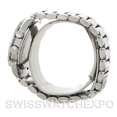 The image shows an Omega Speedmaster 3513.50.00 Men's Stainless Steel Black Dial 3513.50.00 Men's Stainless Steel Black Dial watch from a side angle, highlighting its clasp and detailed bracelet links.