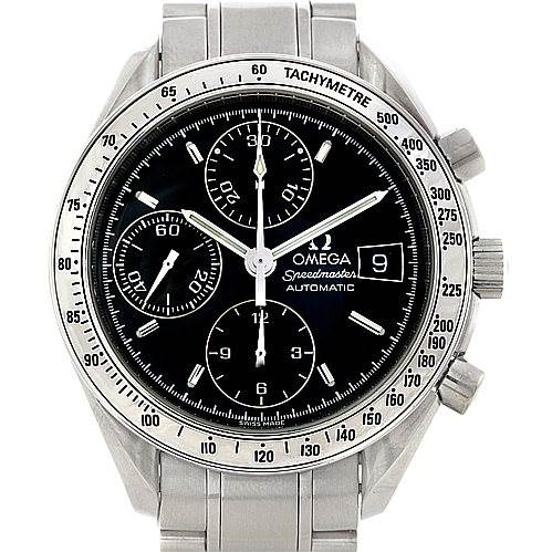 The image shows a front view of the Omega Speedmaster 3513.50.00 Men's Stainless Steel Black Dial 3513.50.00 Men's Stainless Steel Black Dial watch, highlighting its black dial, chronograph subdials, date window, and tachymeter bezel.
