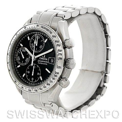 This image shows a side view of the Omega Speedmaster 3513.50.00 Men's Stainless Steel Black Dial 3513.50.00 Men's Stainless Steel Black Dial watch, highlighting its case, bezel, dial, pushers, and bracelet.