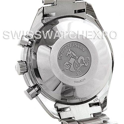 The image shows the backside of the casing and part of the metal bracelet of an Omega Speedmaster 3513.50.00 Men's Stainless Steel Black Dial 3513.50.00 Men's Stainless Steel Black Dial watch.